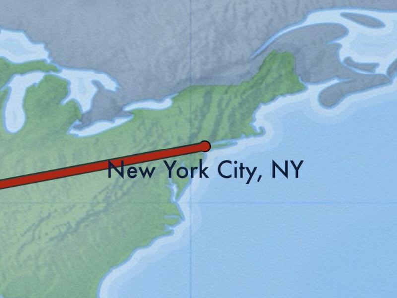 Map of the US centered around New York City