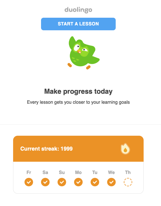 Duolingo: Do your Duolingo, Mike! You are currently at 1999 days in a row.